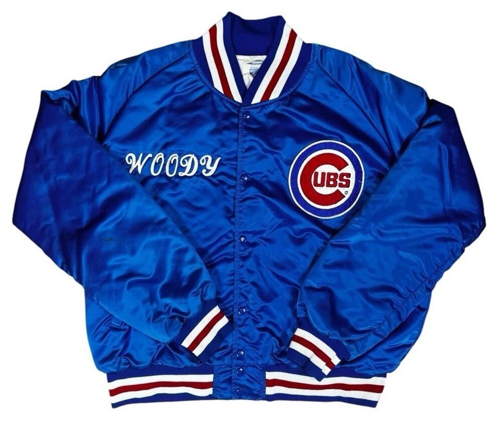Vintage Cubs Satin Jacket Woody MLB Snap Front Blue Adult XL USA